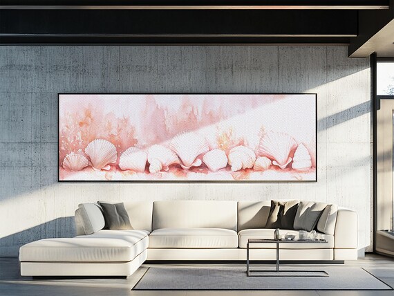 Blush Pink Seashells Row Watercolor Coastal Beach Panoramic Canvas Art Poster