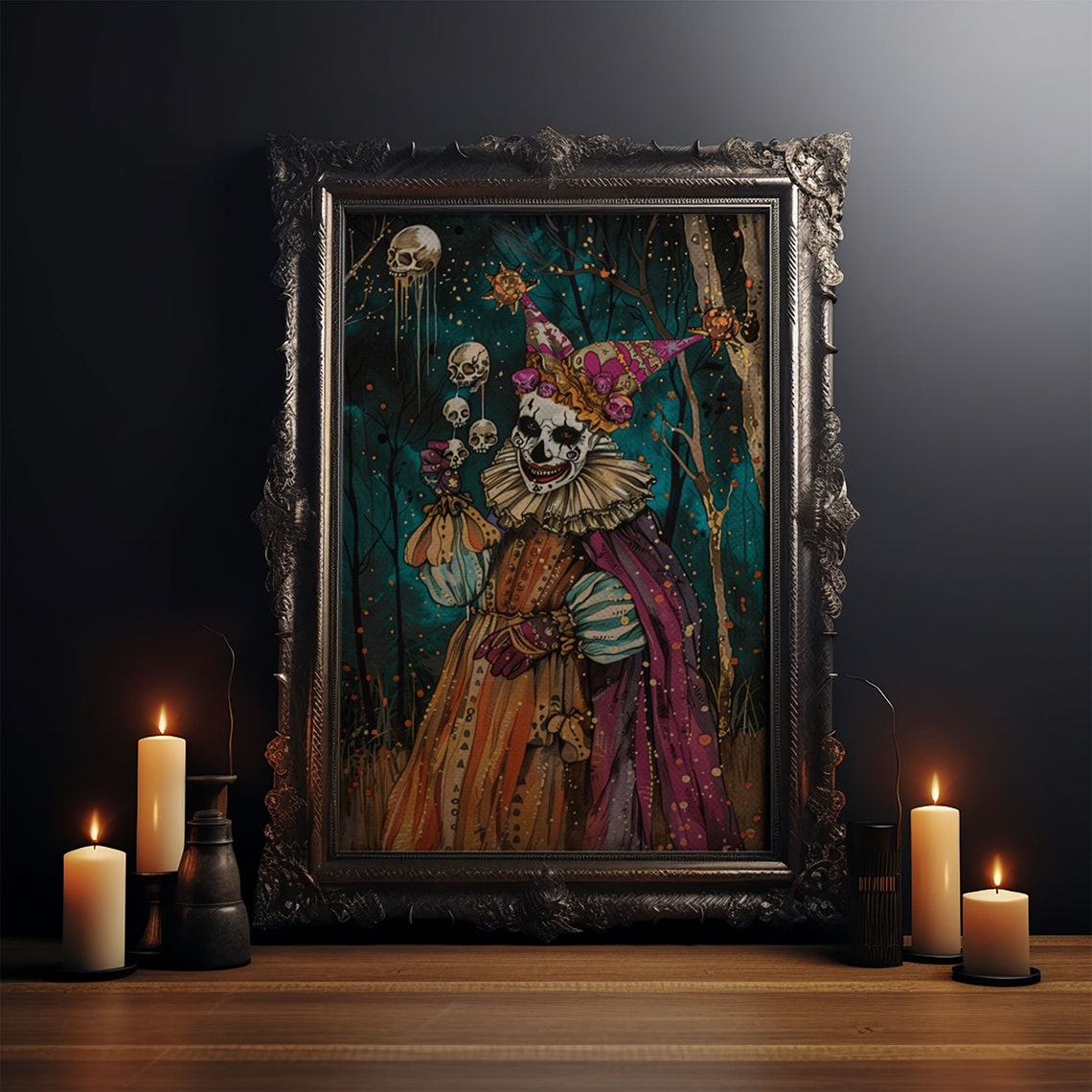 Sinister Jester Skull Face Dark Forest Vintage Horror Art Poster - Image 3