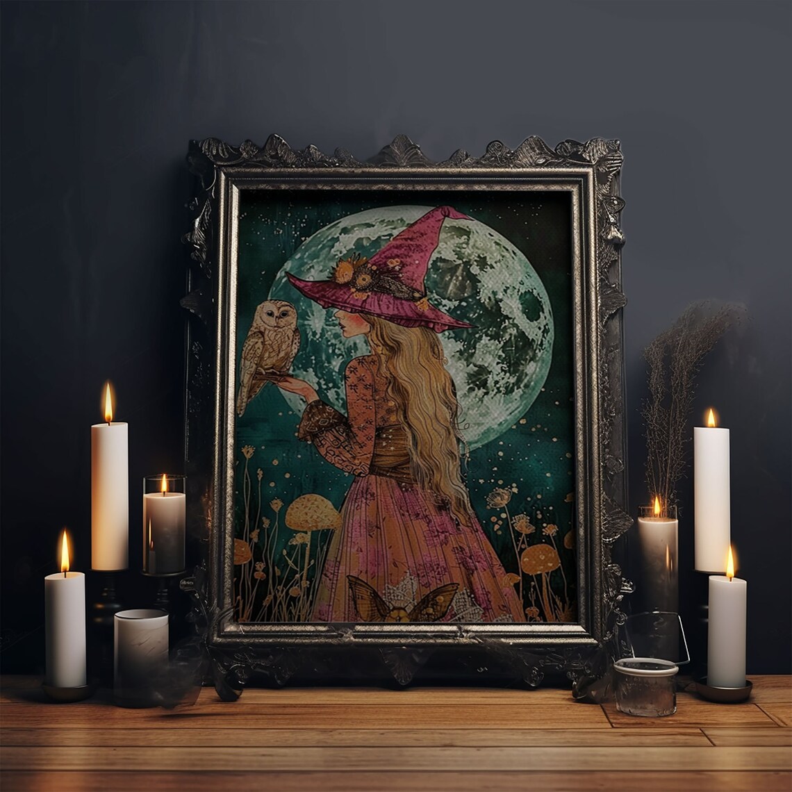 Witch Purple Hat Owl Giant Full Moon Watercolor Night Art Poster - Image 6