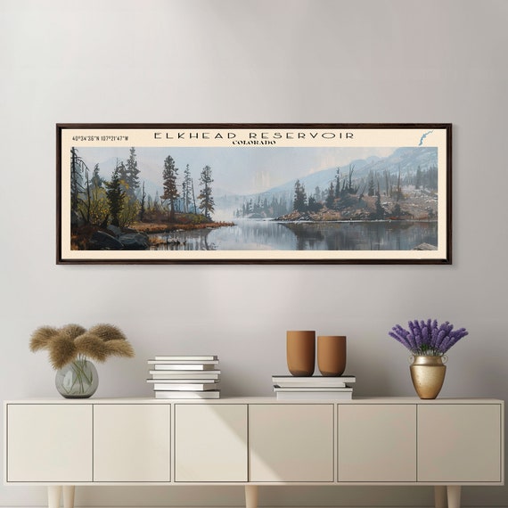 Elkhead Reservoir Colorado Framed Print Panoramic Lake House Decor Wall Art Travel Poster Rustic Lake Painting Nature Art
