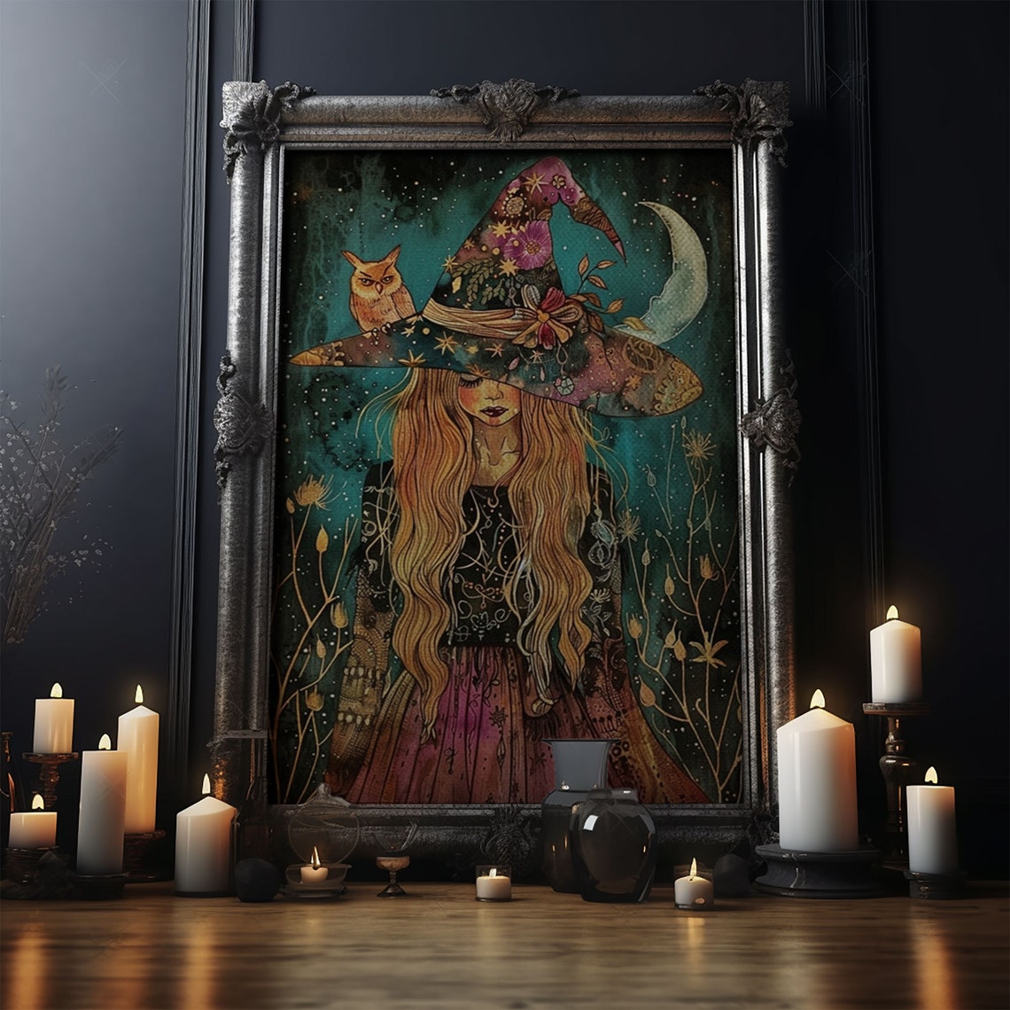 Witch Floral Hat Owl Crescent Moon Starry Night Watercolor Poster - Image 5