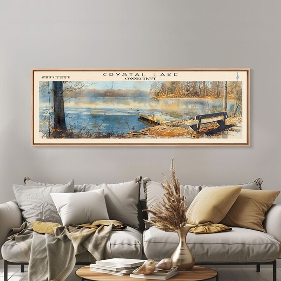 Crystal Lake Connecticut Framed Print Lake House Decor Panoramic Wall Art Travel Poster Vintage Lake Painting Home Decor