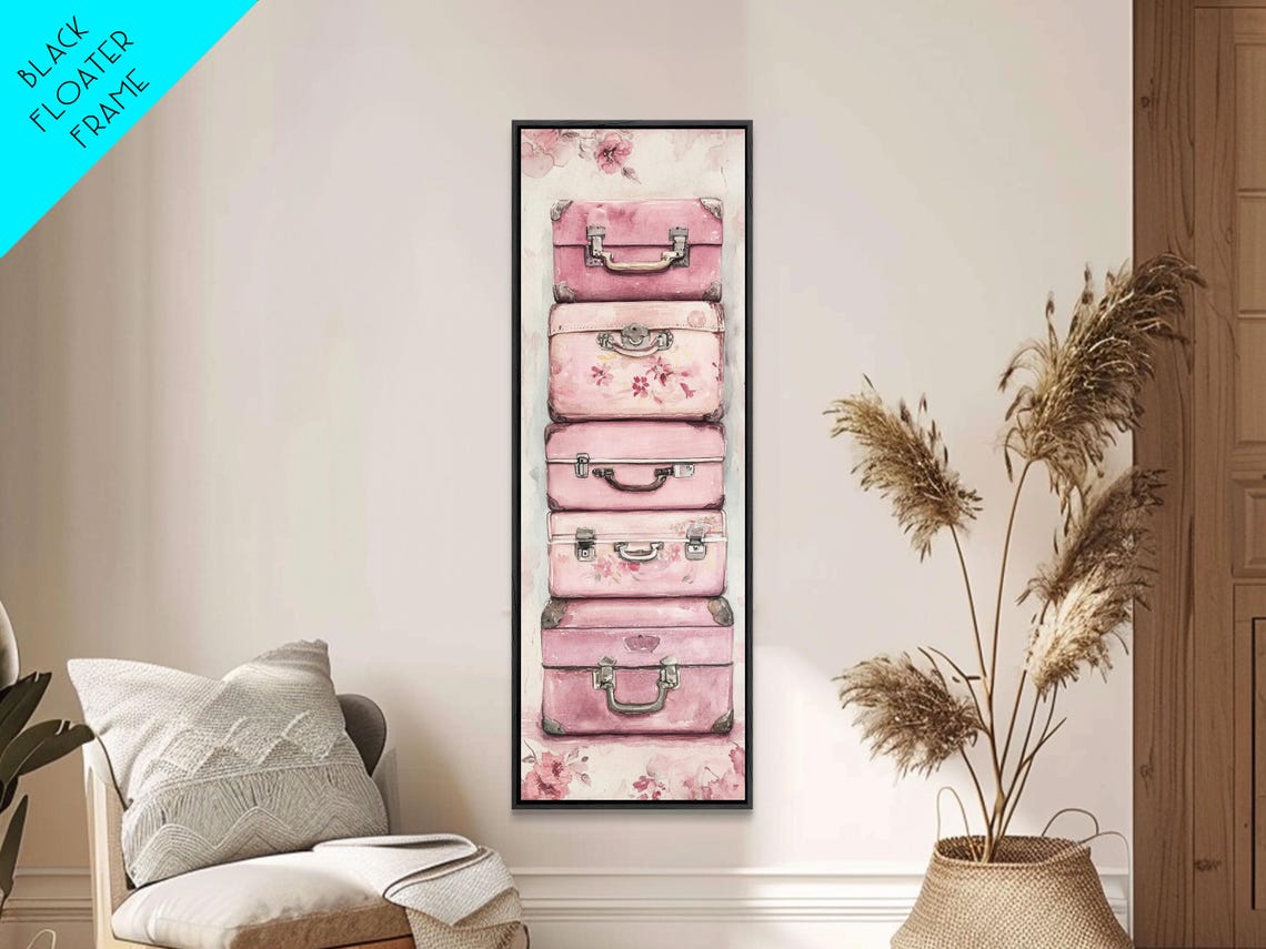 Pink Suitcase Print Cottagecore Wall Art Rustic Decor Whimsical Art Light Pink Wall Art Vertical Gift Idea Above Sofa Art - Image 3