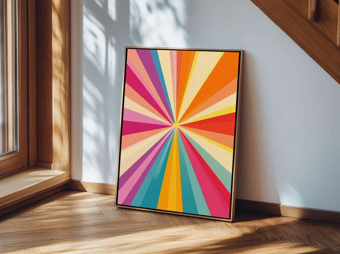 Colorful Sunburst Rays Pink Orange Teal Boho Geometric Wall Art Print - Image 2