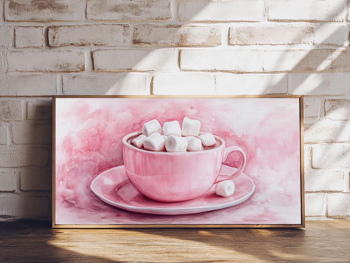 Pink Hot Chocolate Cup With Marshmallows Cozy Watercolor Art Print - Image 3