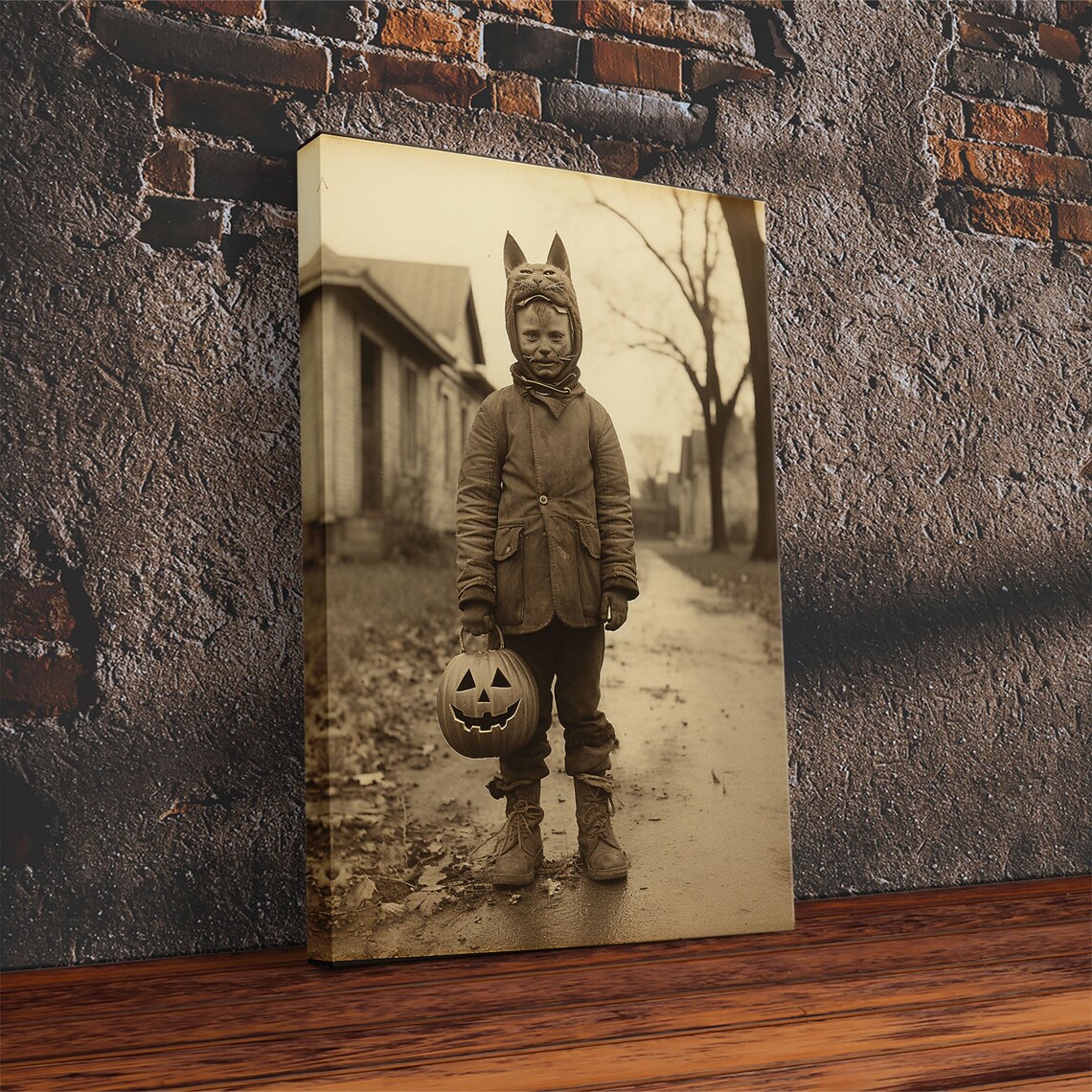 Vintage Halloween Photo Child Cat Costume Pumpkin Trick Or Treat Art Poster