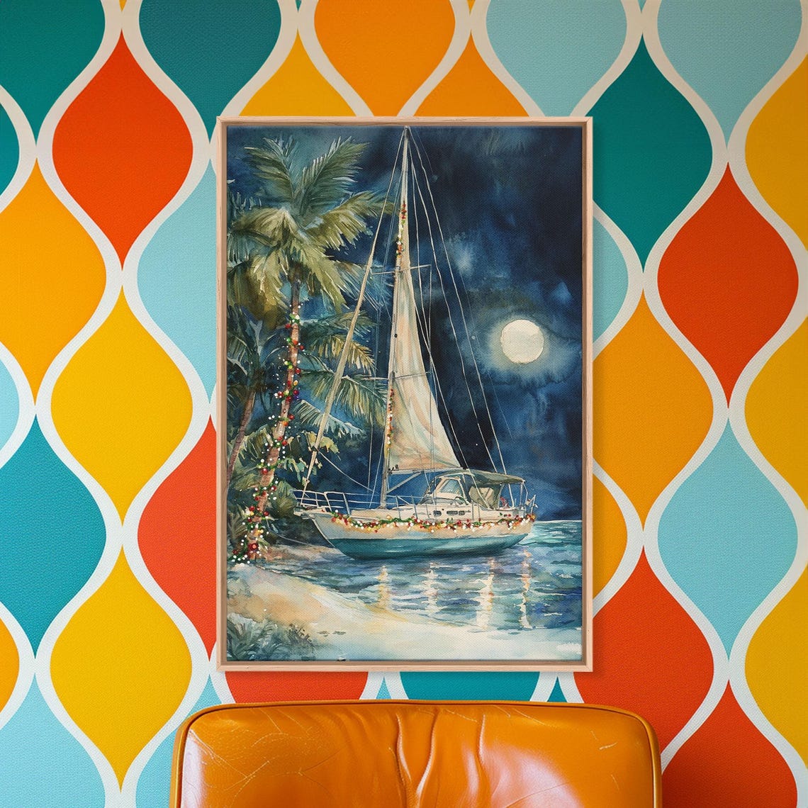 Christmas Sailboat Night Palm Lights Moonlit Watercolor Wall Art - Image 5