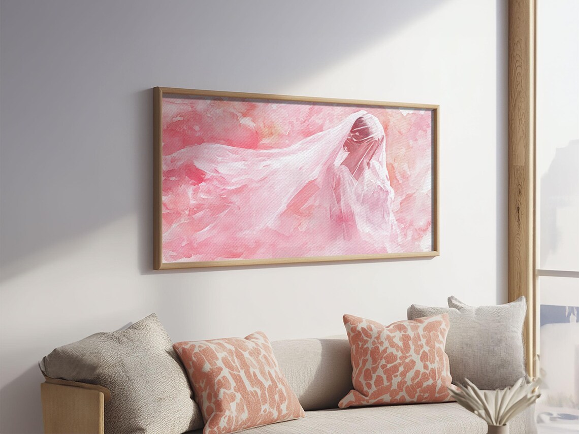 Veiled Woman In Blush Pink Wide Horizontal Soft Watercolor Portrait Poster - Image 2