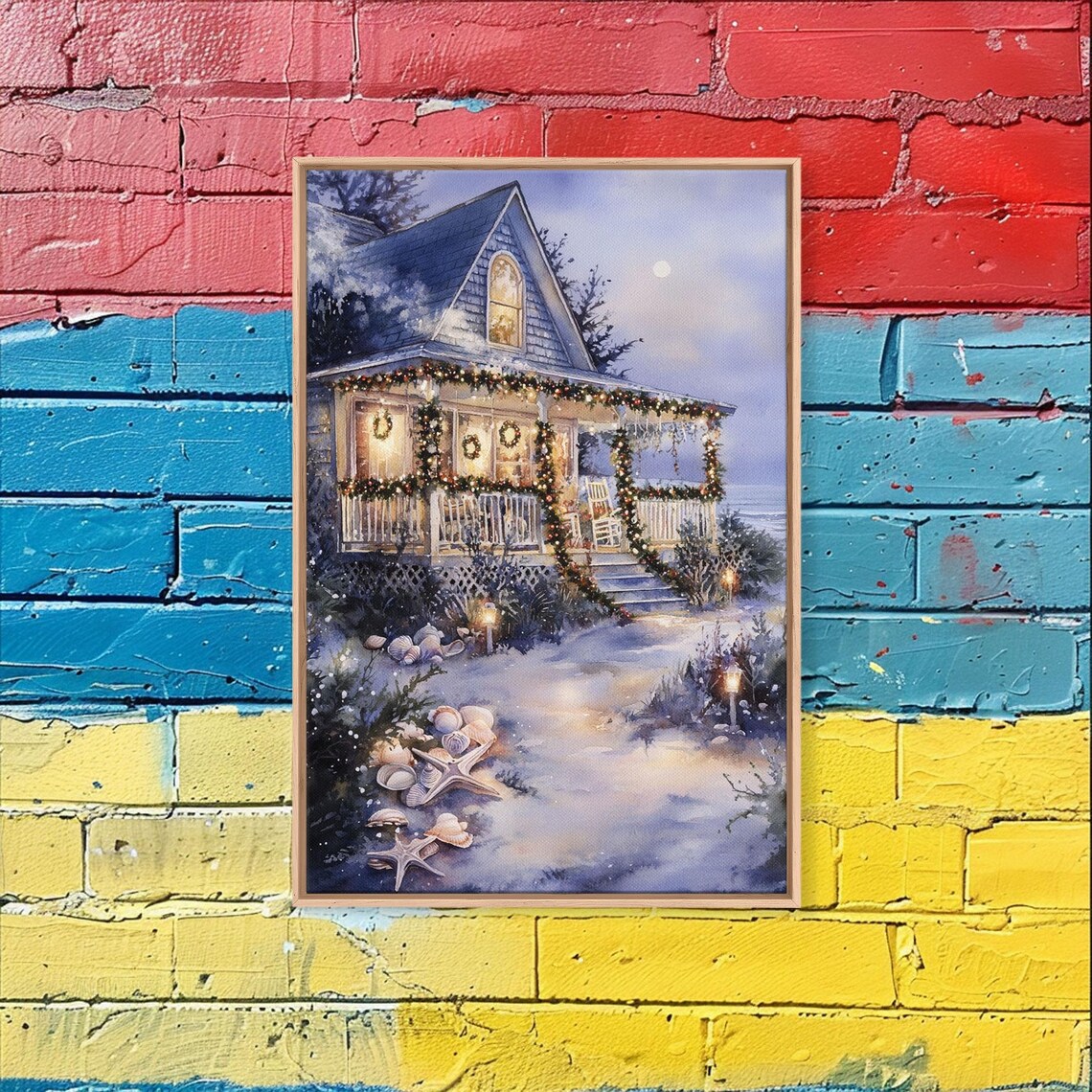 Moonlit Beach Cottage Christmas Lights Over Ocean Night Poster - Image 4