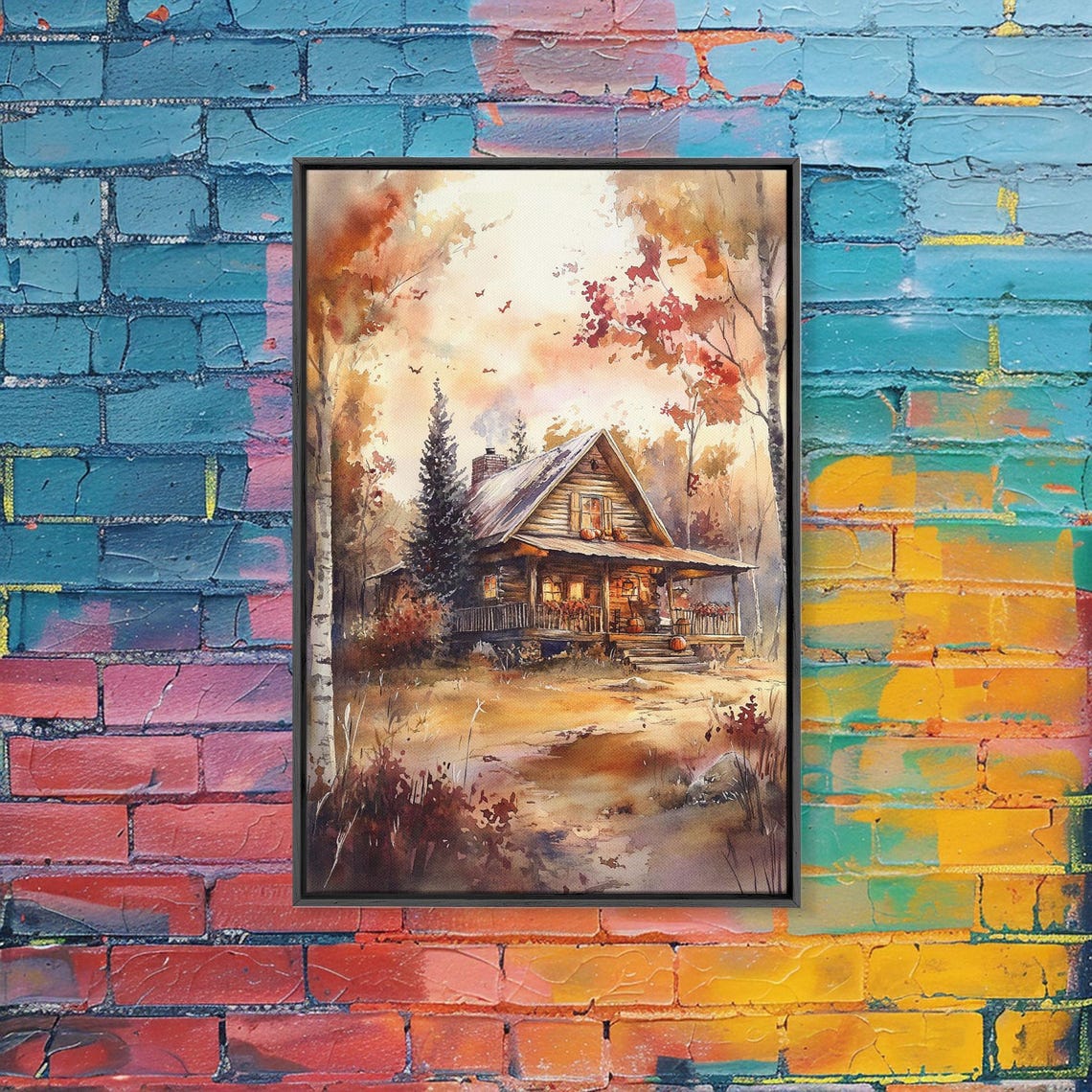 Rustic Autumn Woods Log Cabin Fall Foliage Warm Watercolor Poster - Image 2