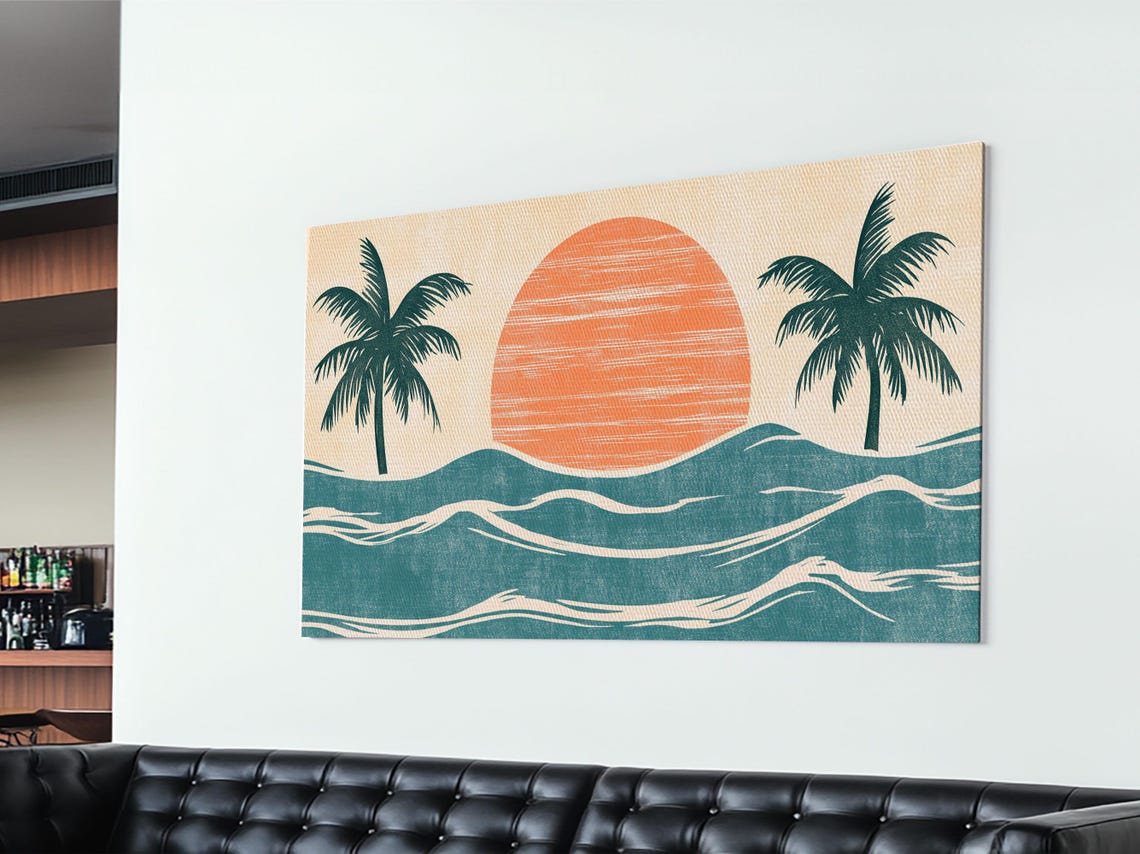 Japanese Woodblock Tropical Sunset Palm Trees Ocean Waves Poster