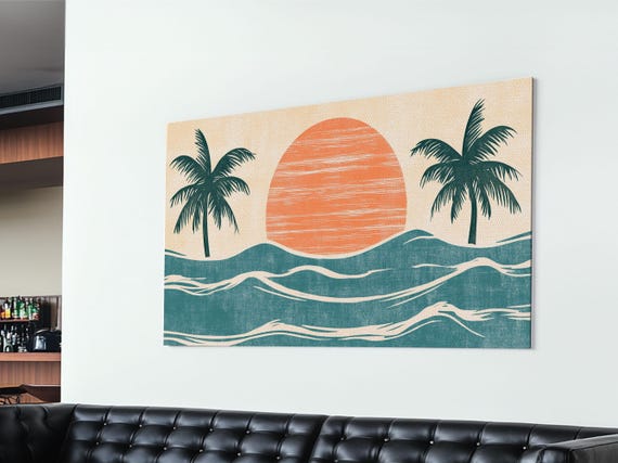 Japanese Wood Block Print Style Sunset And Palm Trees Framed Print Boho Style Minimalist Home Decor