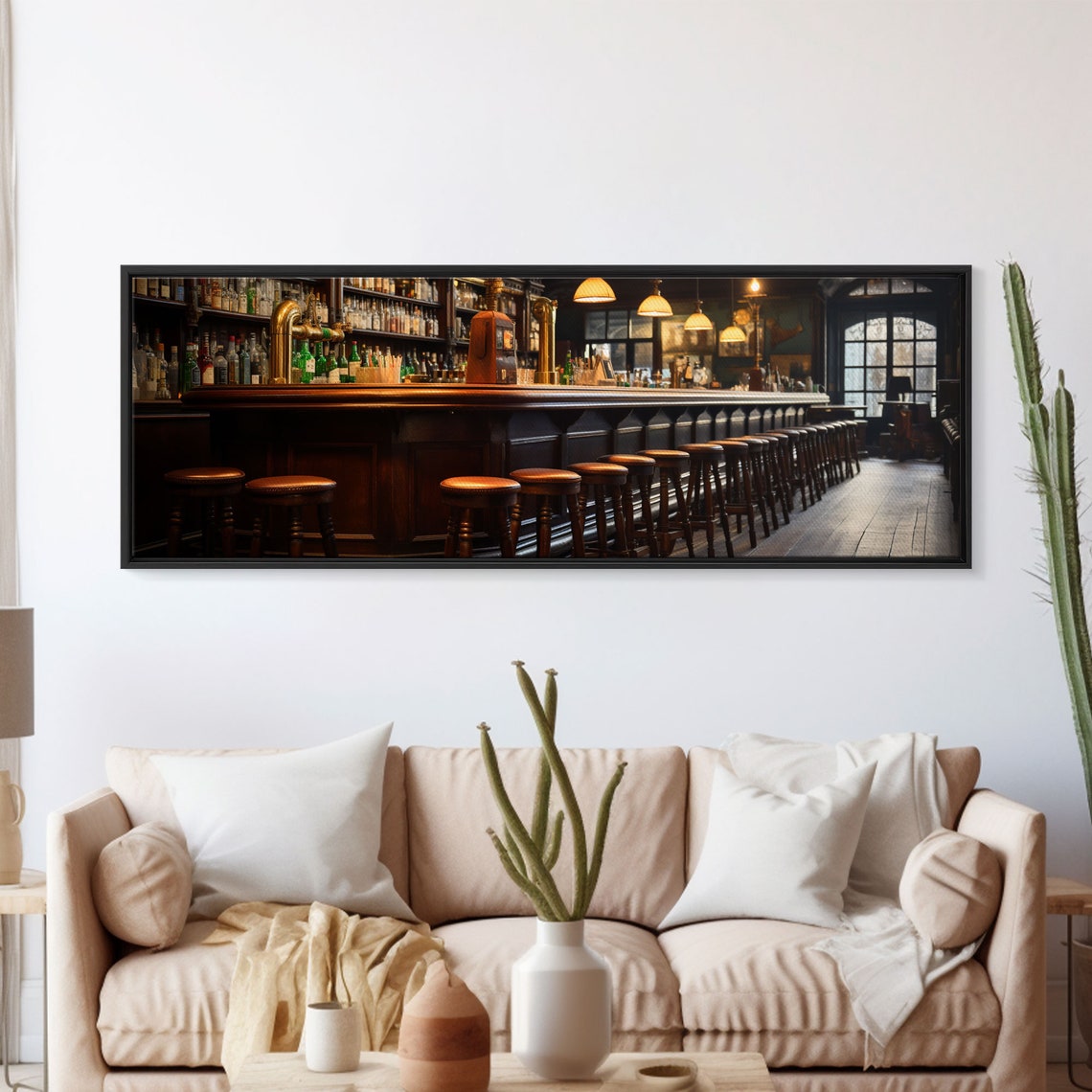Vintage Pub Bar Interior Wooden Stools Brass Taps Warm Moody Wall Art - Image 6