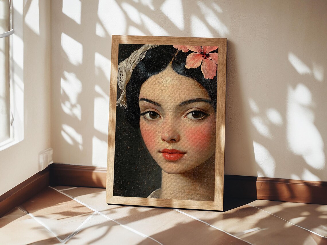 Vintage Mexicana Beauty Portrait Pink Hibiscus Flower Art Print