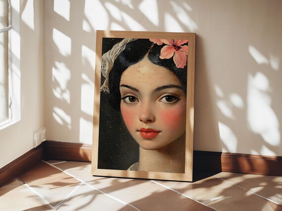 Vintage Mexicana Beauty Portrait Pink Hibiscus Flower Art Print