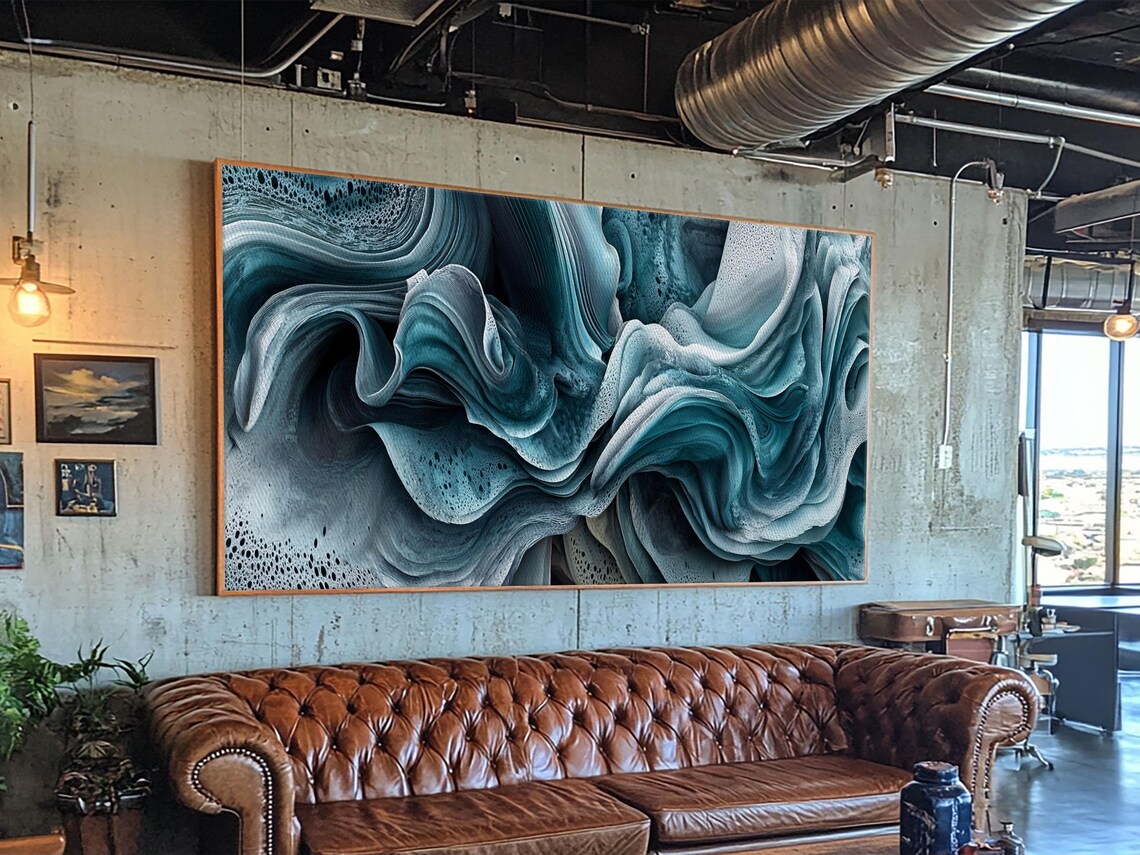 Blue Textured Ocean Wave Abstract Fluid Sage Coastal Bedroom Wall Art Print - Image 5