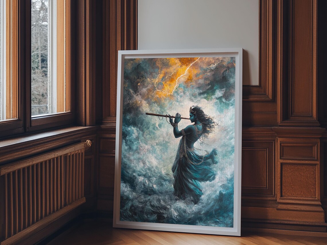 Radha Krishna Playing Flute Art Print, Hindu Art - Image 6