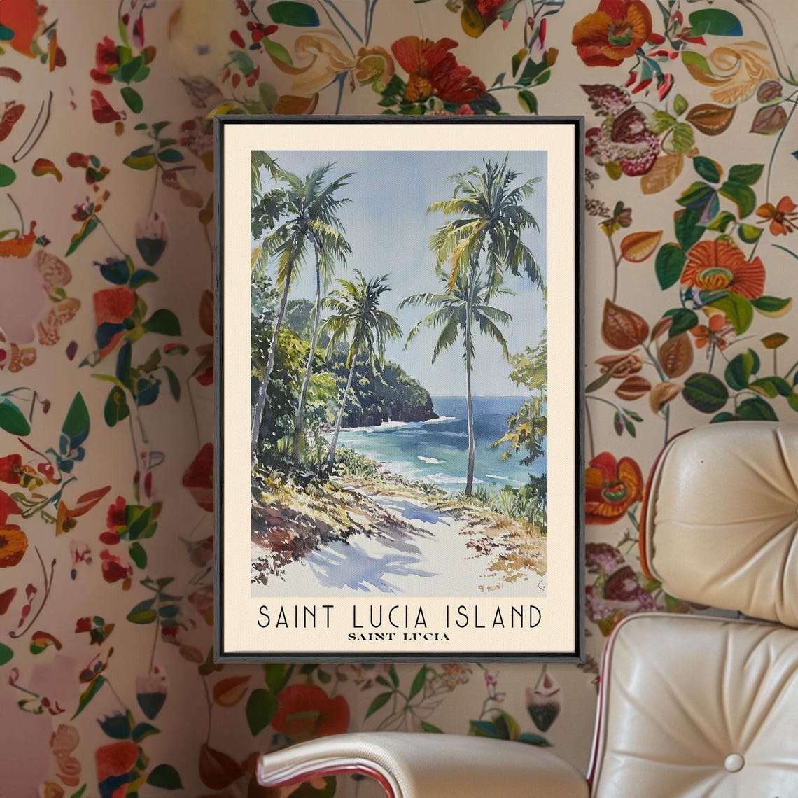 Saint Lucia Island Palm Cove Tropical Beach Watercolor Travel Poster