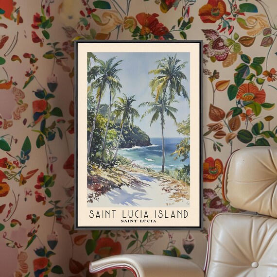 Saint Lucia Island Palm Cove Tropical Beach Watercolor Travel Poster