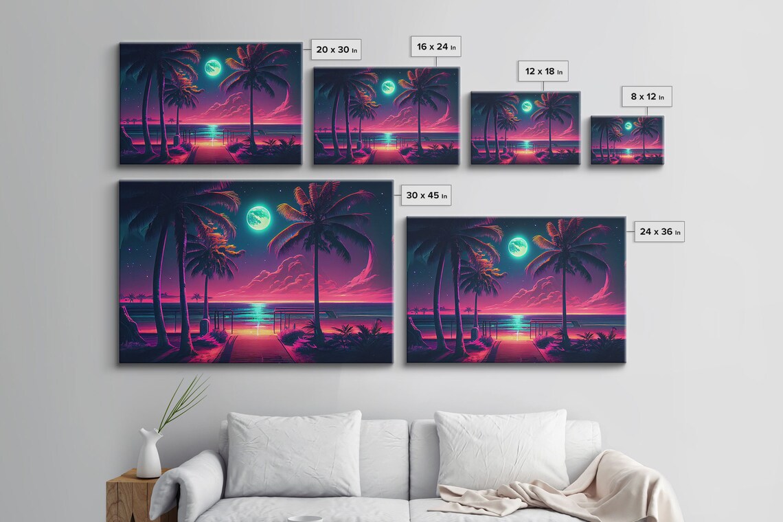 Outrun Style Full Moon Beach, Synthwave Art Print - Image 2