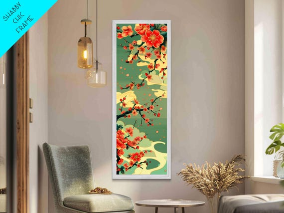 Plum Blossoms Turquoise Sky Japanese Art Skinny Art Tall Art Framed Print Ukiyo E Style
