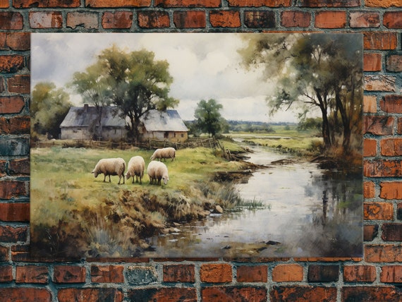 Sheep Grazing By The River Vintage Home Poster