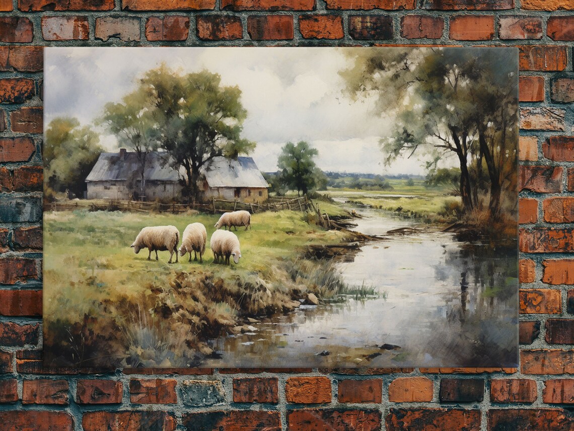 Sheep Grazing By The River Vintage Home Poster
