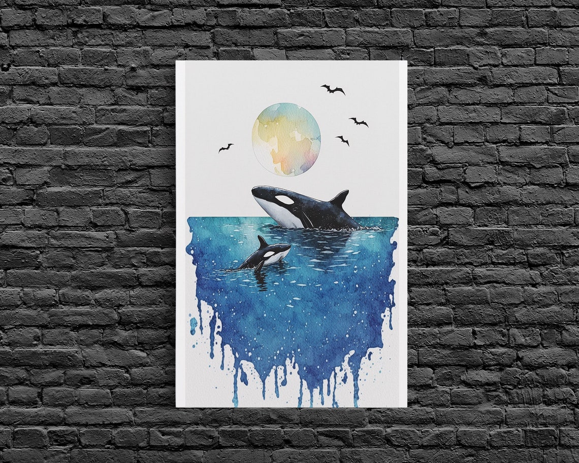 Watercolor Orca Whales Mother Calf Ocean Blue Drip Nursery Art Poster - Image 6