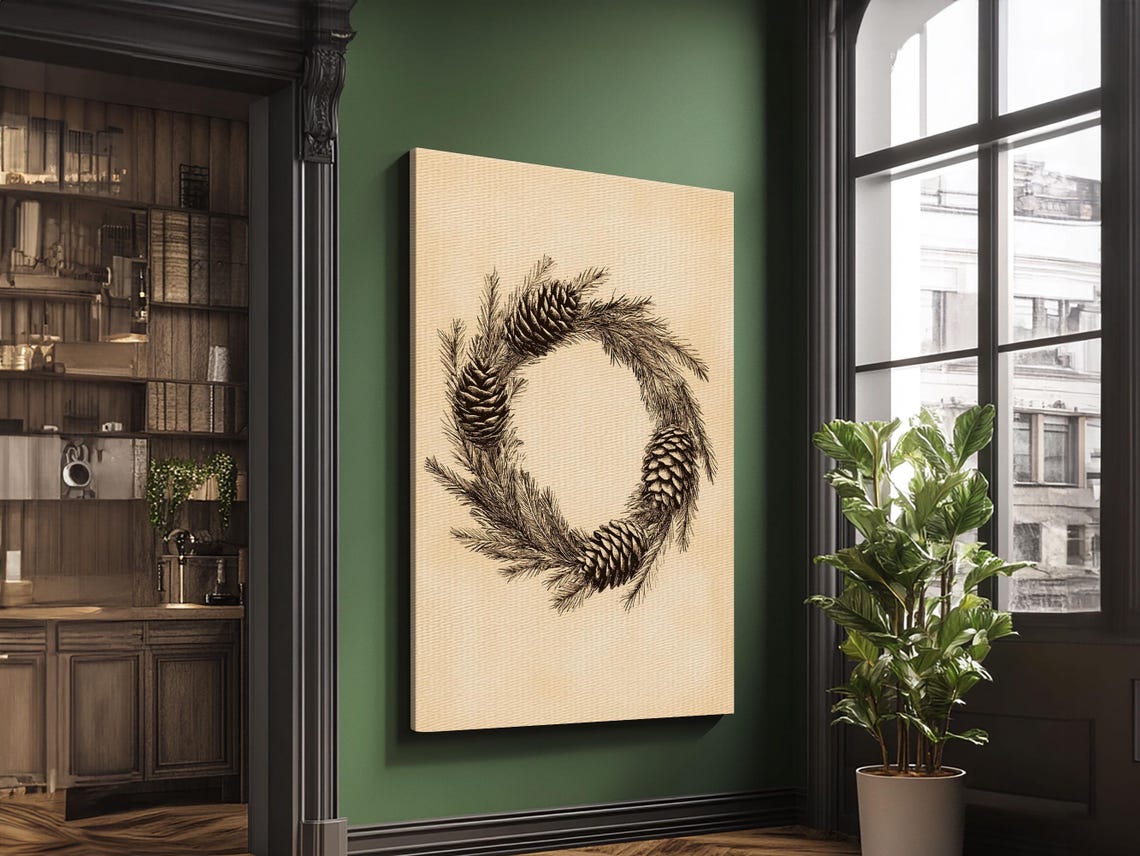 Pine Cone and Evergreen Wreath Black Sketch Christmas Holiday Poster - Image 2