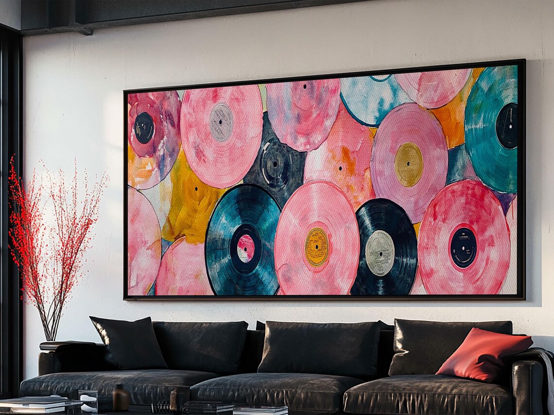 Colorful Vinyl Records Wide Horizontal Retro Pink Teal Music Art Poster - Image 5