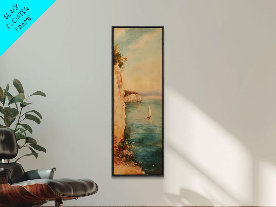 Sailboat By Tall Cliffs Sunset Bay Vintage Nautical Oil Poster - Image 4