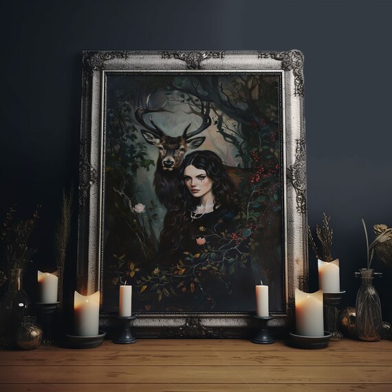 Mystical Woman With Stag In Enchanted Dark Forest Gothic Art Poster
