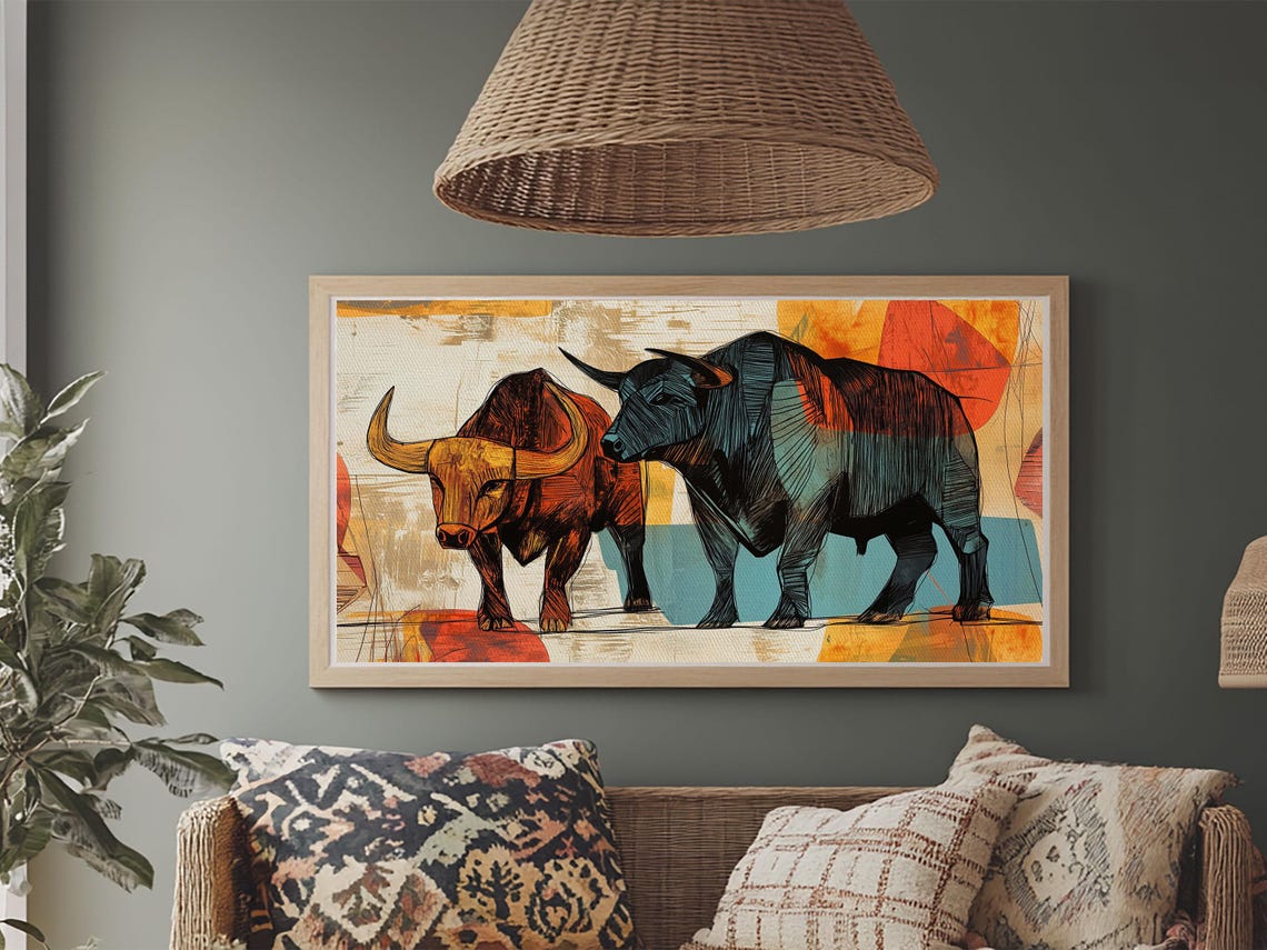 Geometric Bull Duo Abstract Rustic Farmhouse Above Sofa Wall Art Print - Image 6