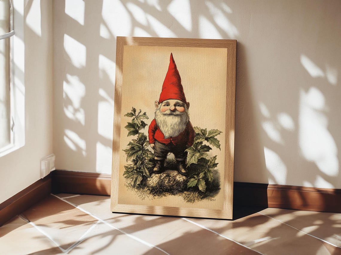 Vintage Garden Gnome Red Hat Botanical Illustration Wall Art Poster - Image 4