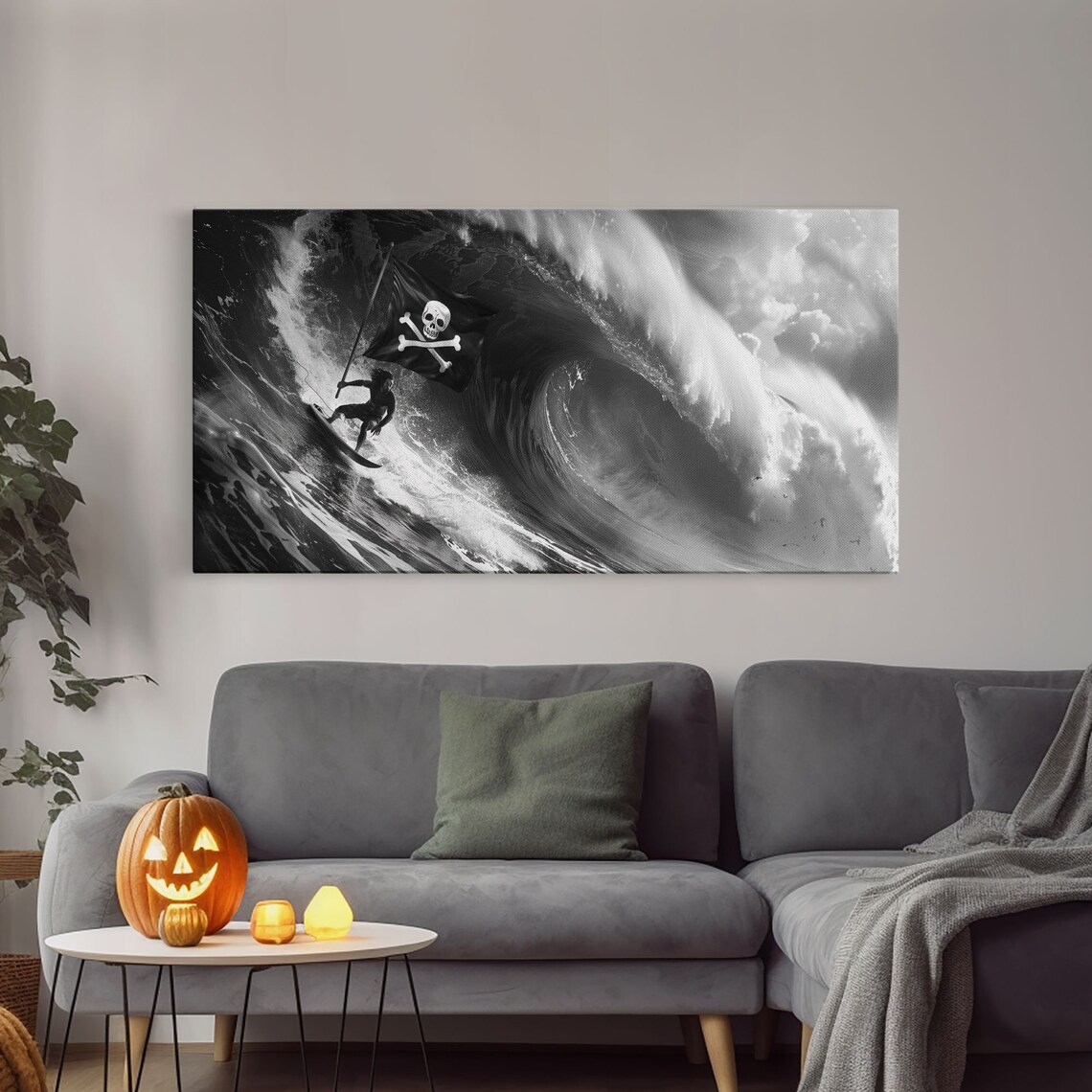 Surfer Riding Giant Wave With Skull Pirate Flag Black White Photo Print - Image 4