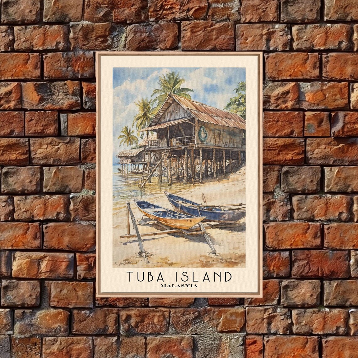 Tuba Island Malaysia Stilt Fishing Huts Wooden Boats Palm Trees Poster