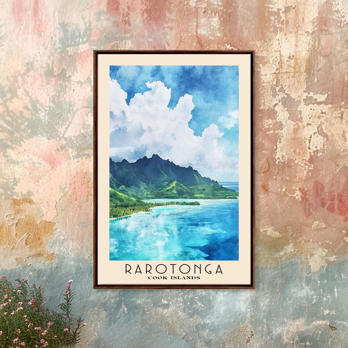 Rarotonga Cook Islands Volcanic Peak Lagoon Watercolor Travel Poster - Image 4