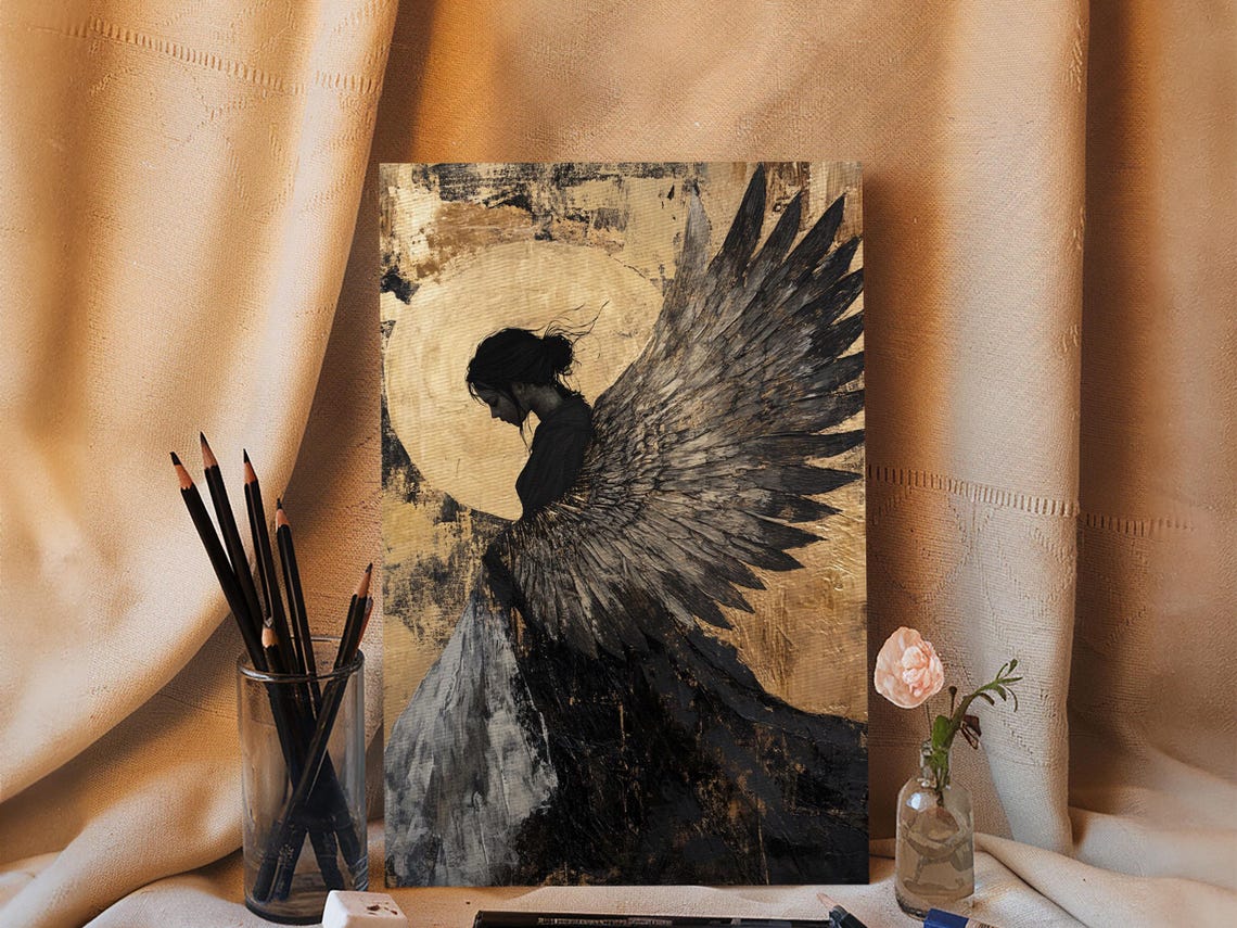Dark Angel Silhouette Gold Moon Gothic Angel Wings Art Print - Image 4