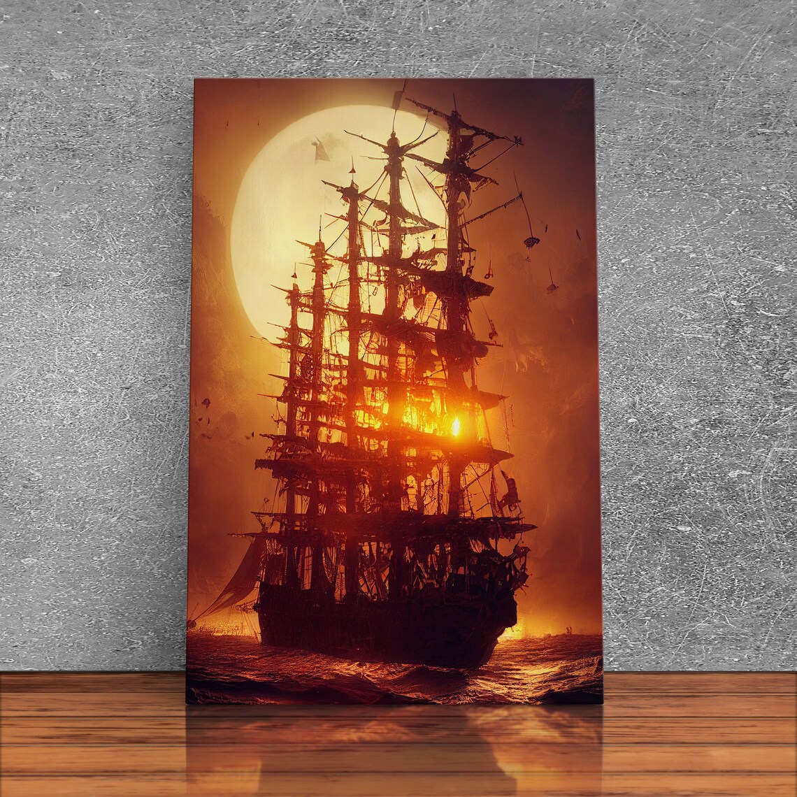 Ghost Ship and Full Moon Spooky Pirate Ship Art Print - Image 3