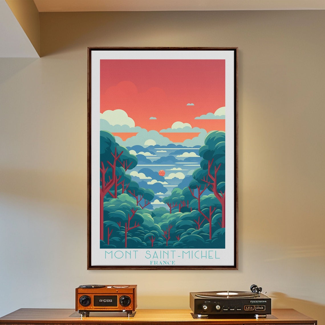 Red Sunset Forest Crimson Sky Tall Pine Trees Dreamy Wall Art Poster - Image 3