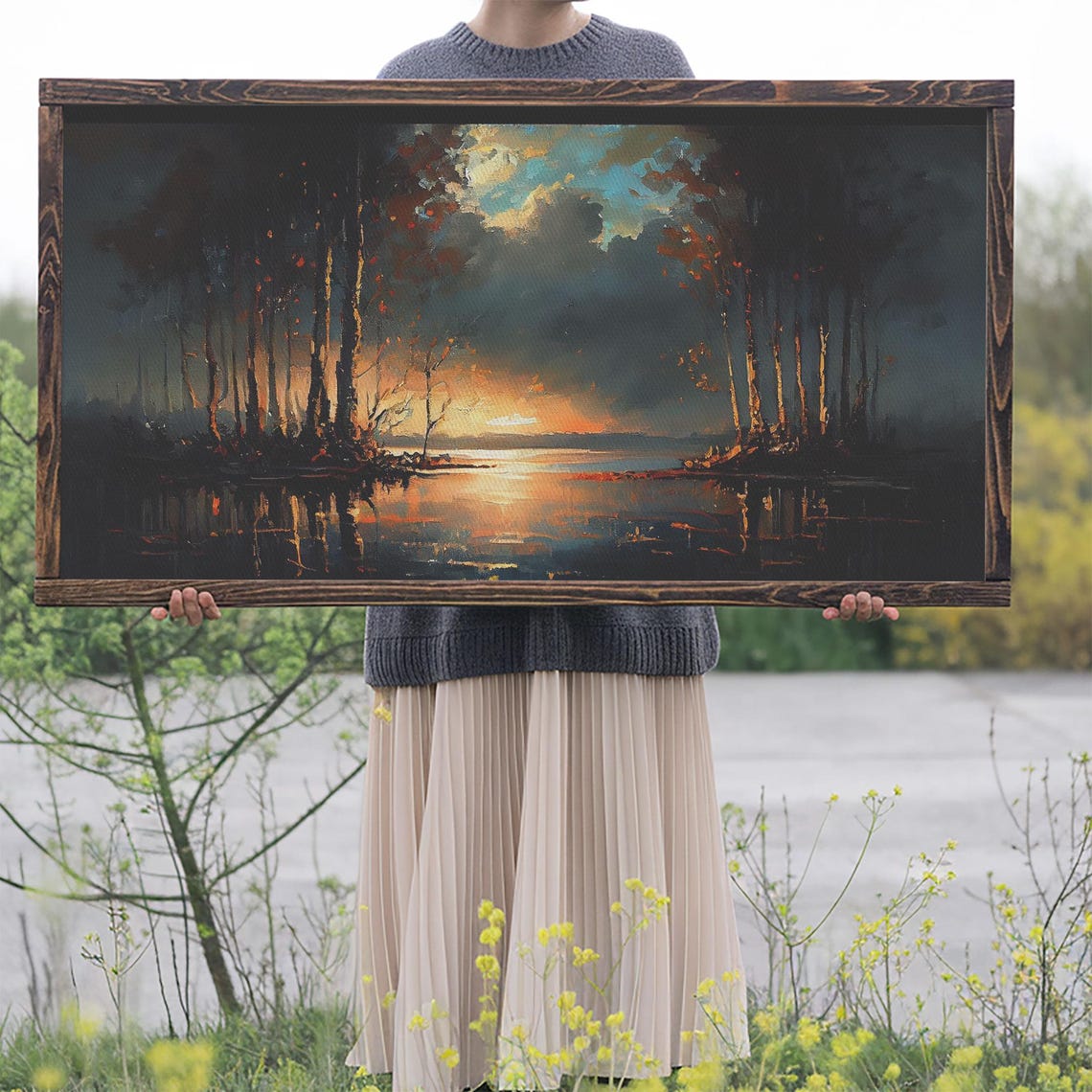 Moody Dark Lake Sunset Orange Glow Reflection Vintage Style Poster - Image 2