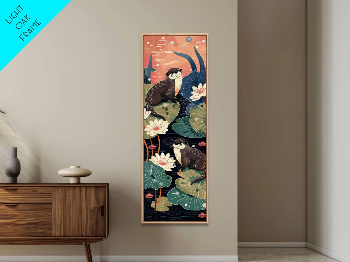 Playful Otters Lily Pad Pond Floral Cute Tall Vertical Art Print - Image 5