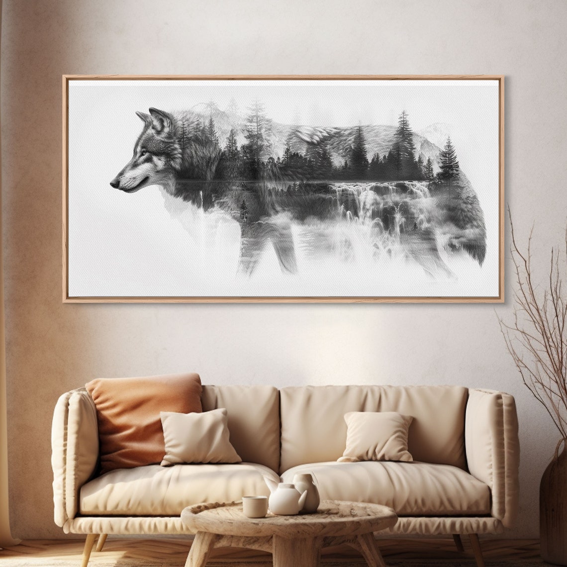Gray Wolf Forest Waterfall Double Exposure Black White Poster - Image 4