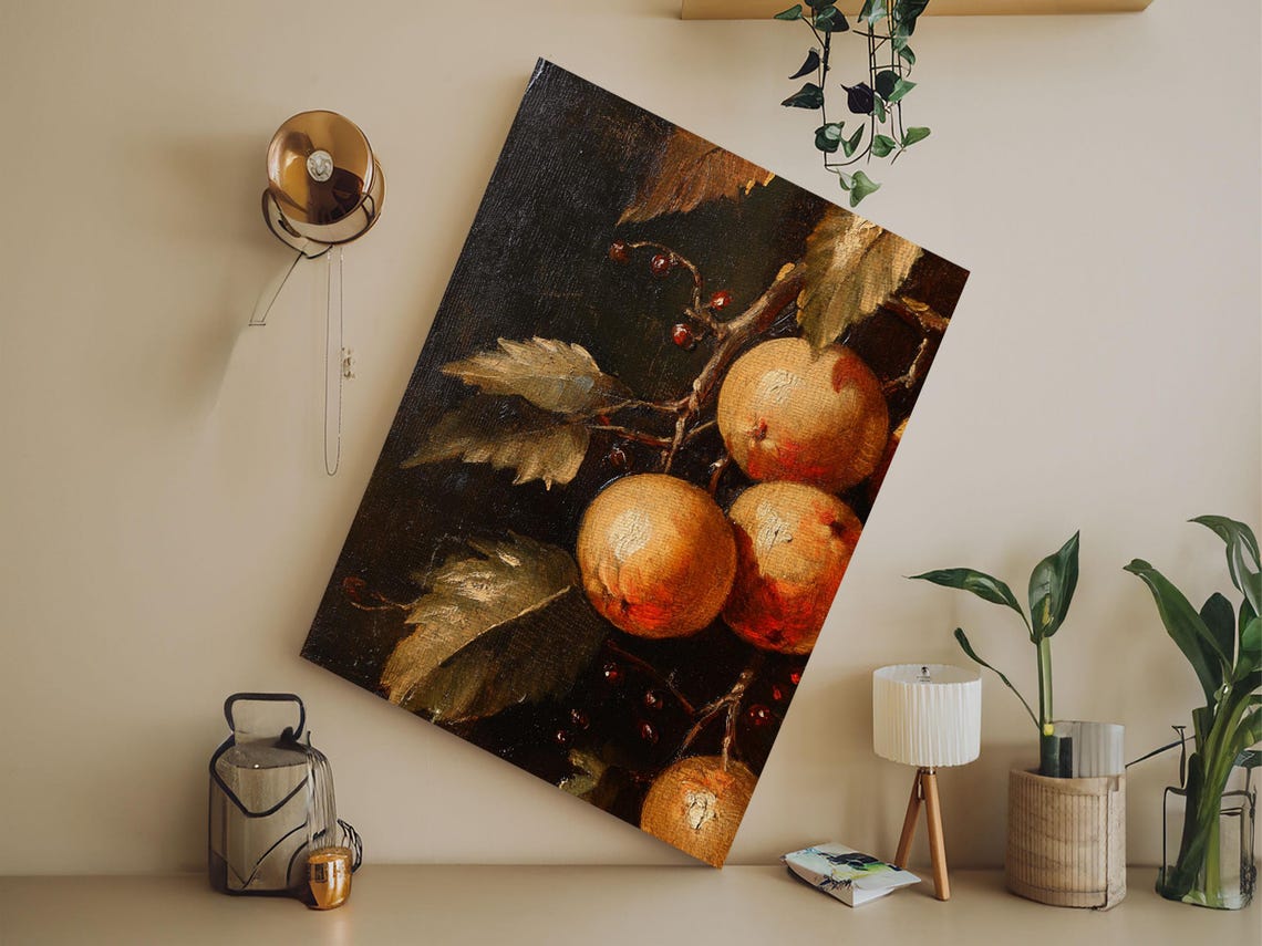 Antique Oranges On Branch Still Life Dark Oil Painting Art Print - Image 3