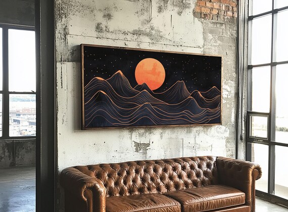 Art Deco Style Abstract Art Orange Blood Moon Over Mountain Landscape Retro Home Decor