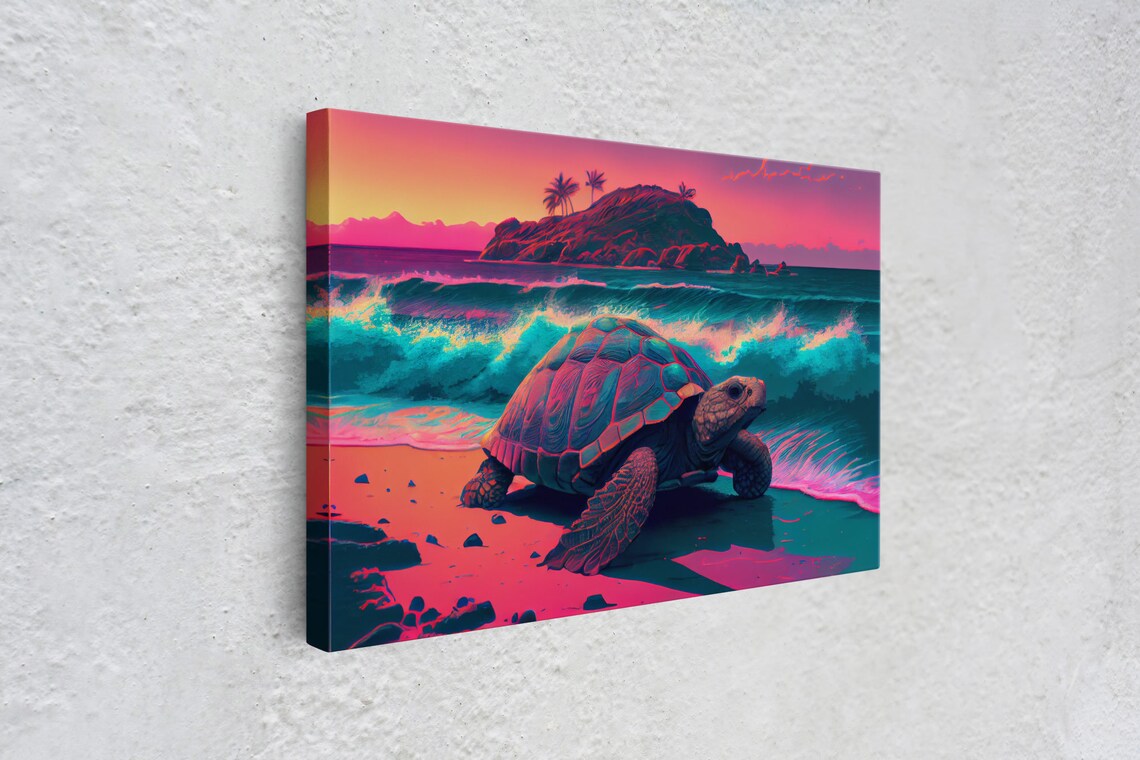 Sea Turtle Fighting the Waves, Synthwave Vaporwave - Image 4