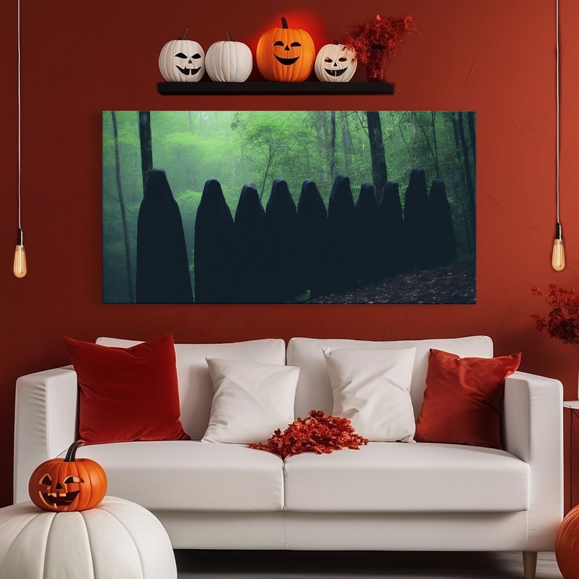 Hooded Cult Silhouettes In Misty Green Forest Panoramic Print - Image 5