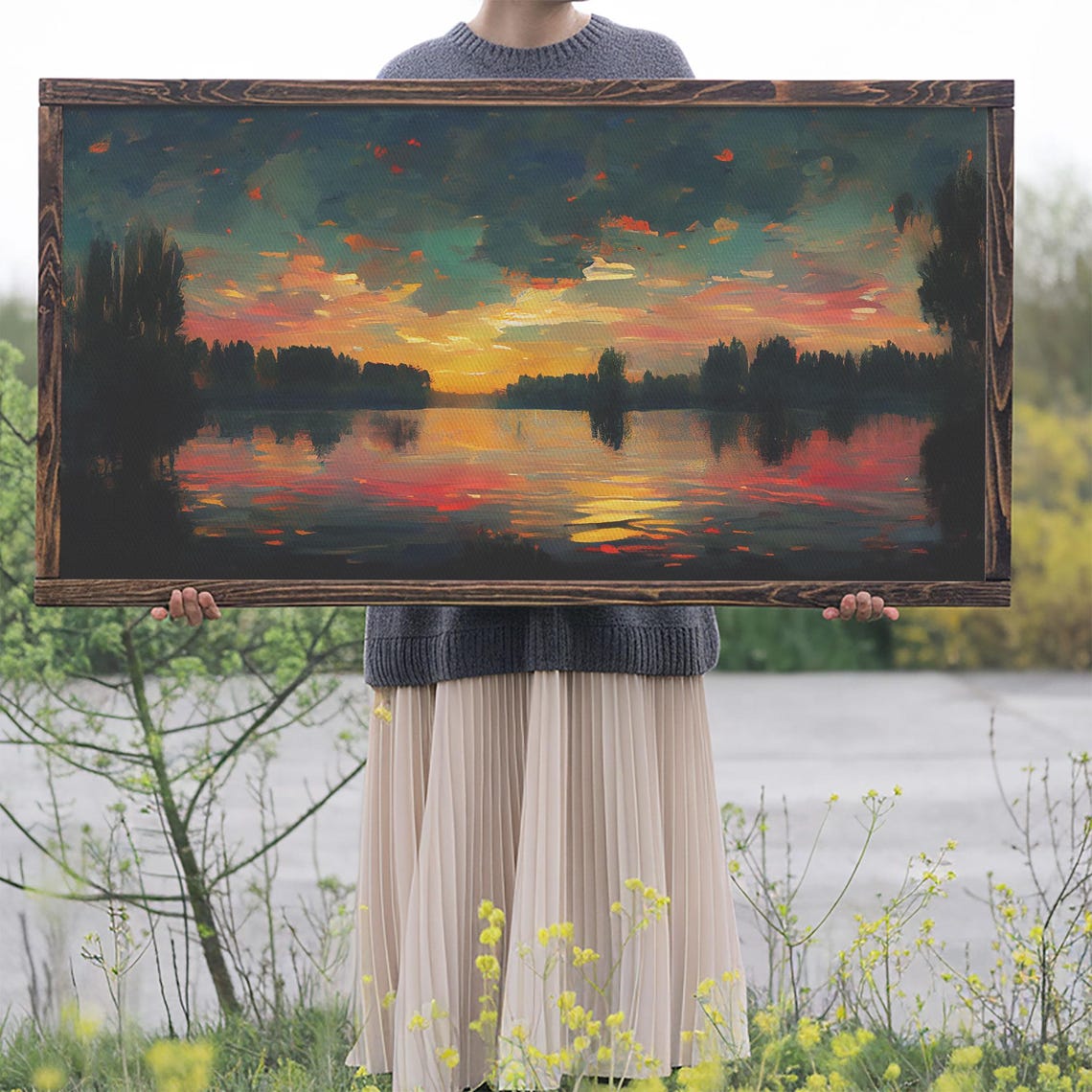 Sunset Over Lake Colorful Clouds Reflection Evening Sky Art Poster - Image 2
