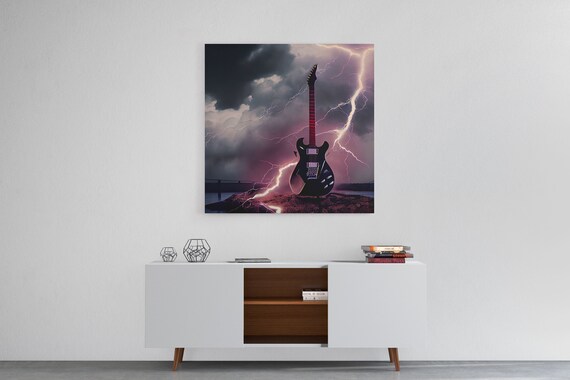 Rock N Roll Lightning Striking Black Guitar Art Print