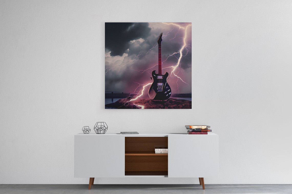Rock N Roll Lightning Striking Black Guitar Art Print